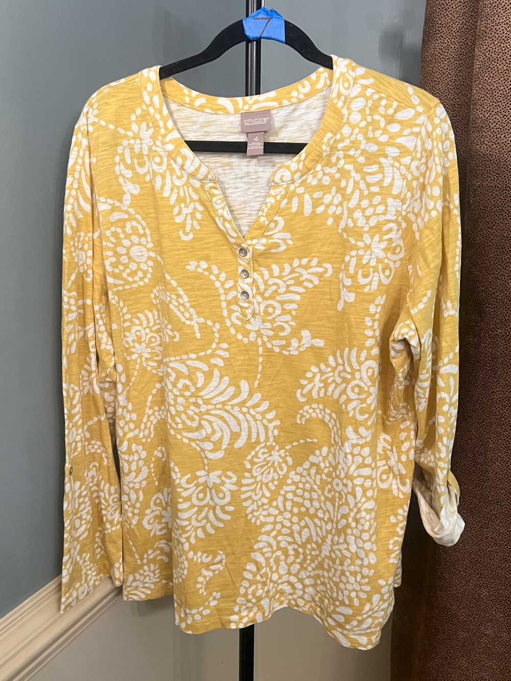 Chico's Yellow & White Floral Henley Long Sleeve Top
